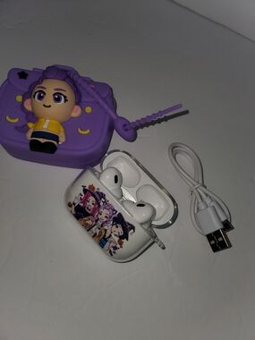 K-Pop Huntrix wireless headphones with 3D character silicone case and charging c